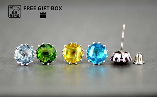 14k Solid White Gold 6mm Round Birthstone Stud Earrings with Screw Back