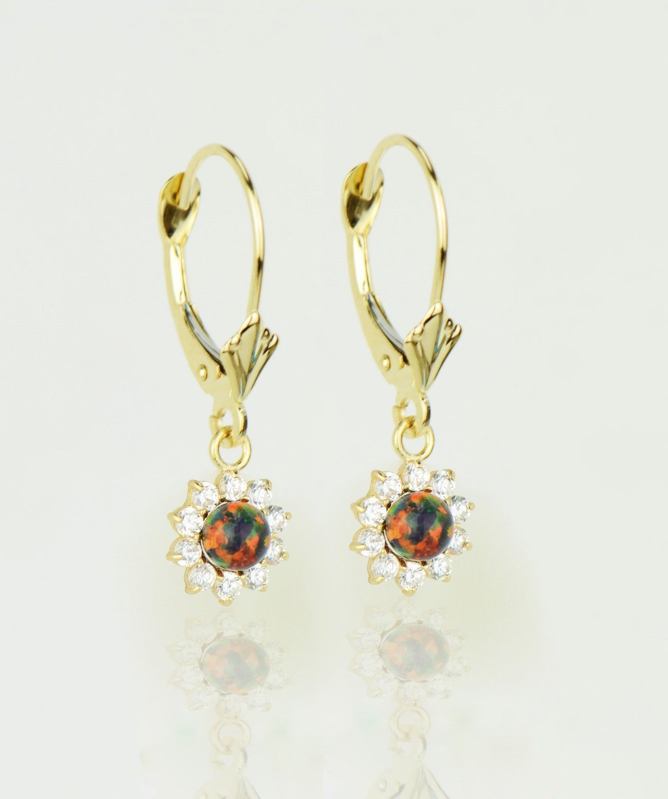 14k-Yellow-Gold-Opal Flower-CZ-Dangle-Earrings
