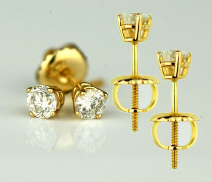 14k Yellow Gold Round Diamond Stud Earring with Screw Back .25 PT Tw.