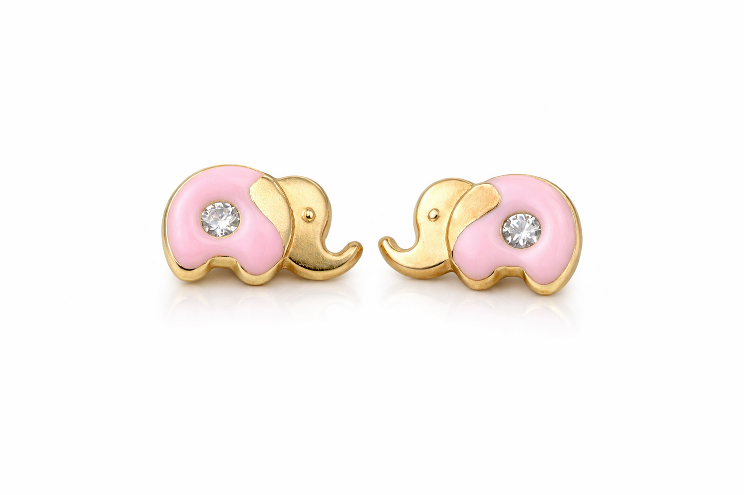 14k Yellow Gold Baby Enamel and CZ Elephant earrings, Screw Back