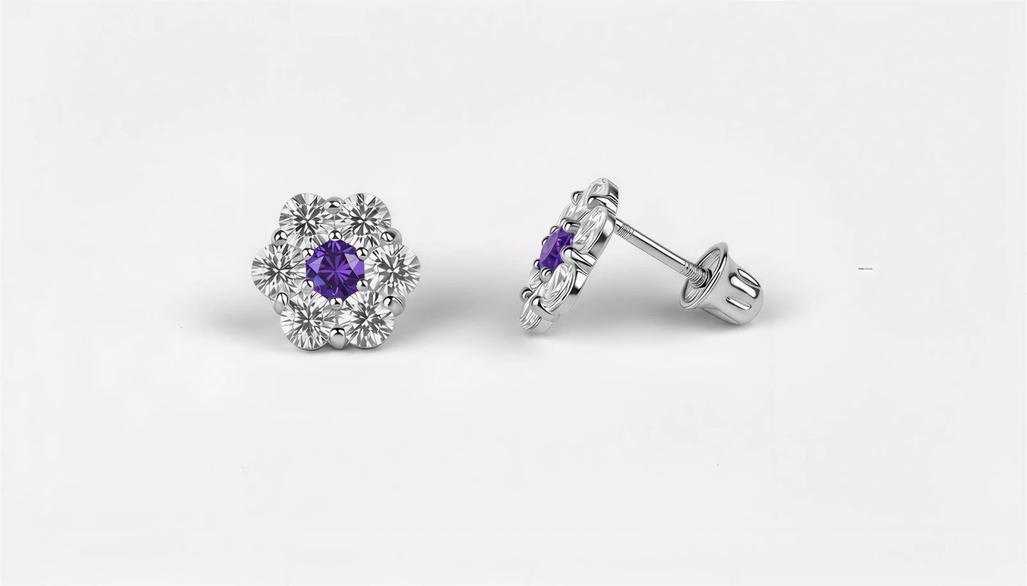 14K White Gold Beautiful Flower CZ Stud Earrings for Women