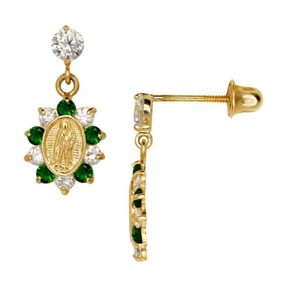 14k Yellow Gold CZ Virgen Guadalupe Religious Baby Screw Back Earrings for Women