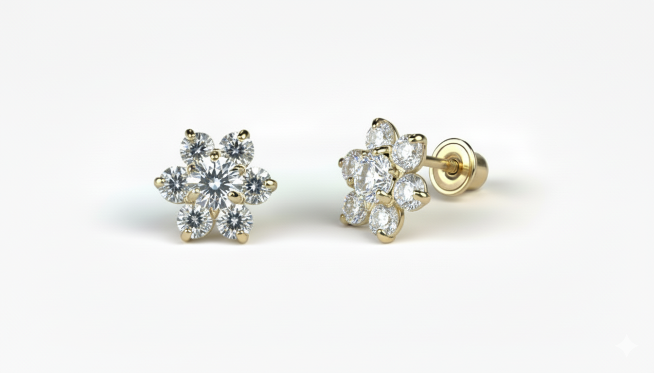 14K Yellow Gold Beautiful Flower CZ Stud Earrings for Women