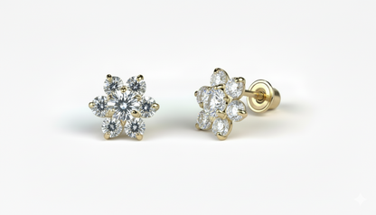 14K Yellow Gold Beautiful Flower CZ Stud Earrings for Women