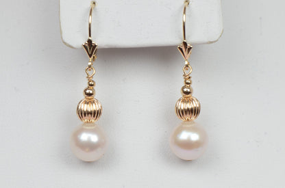 14k Yellow Gold Charming Genuine White Pearls Necklace, Bracelet, Earrings Set