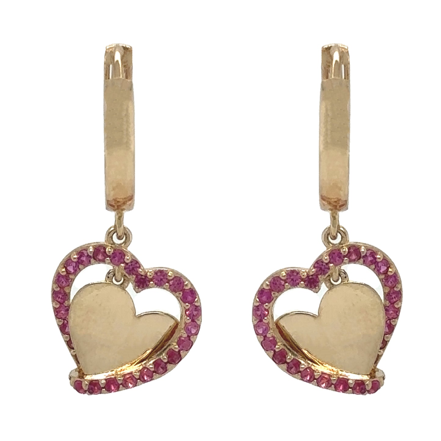 14k Yellow Gold Double Heart Dangle Hoop Huggie CZ Earrings