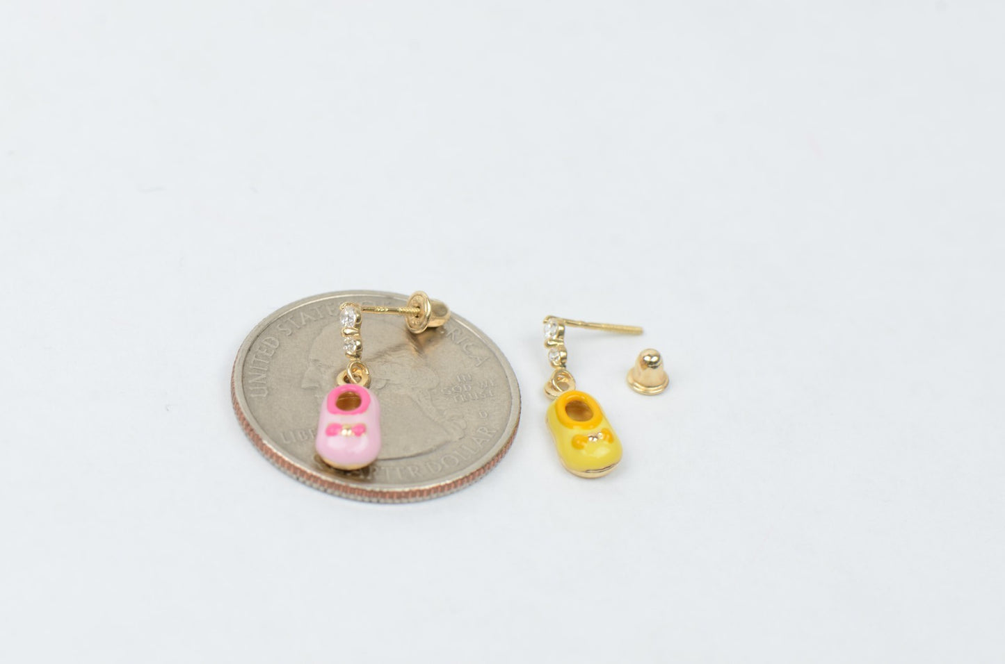 14K Solid Yellow Gold Baby Shoe Enamel Dangle Screw Back Earrings
