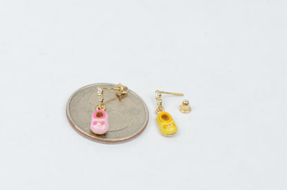 14K Solid Yellow Gold Baby Shoe Enamel Dangle Screw Back Earrings