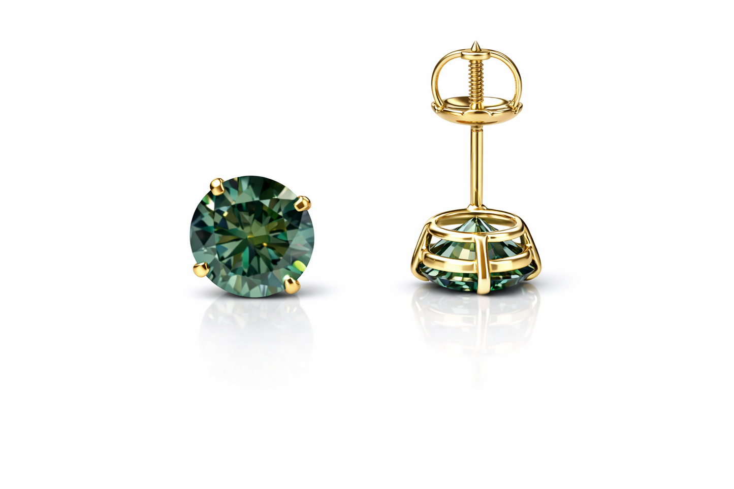14K Gold GRA Certified D-VVS1 Round Green Moissanite Screw Back Studs Earrings