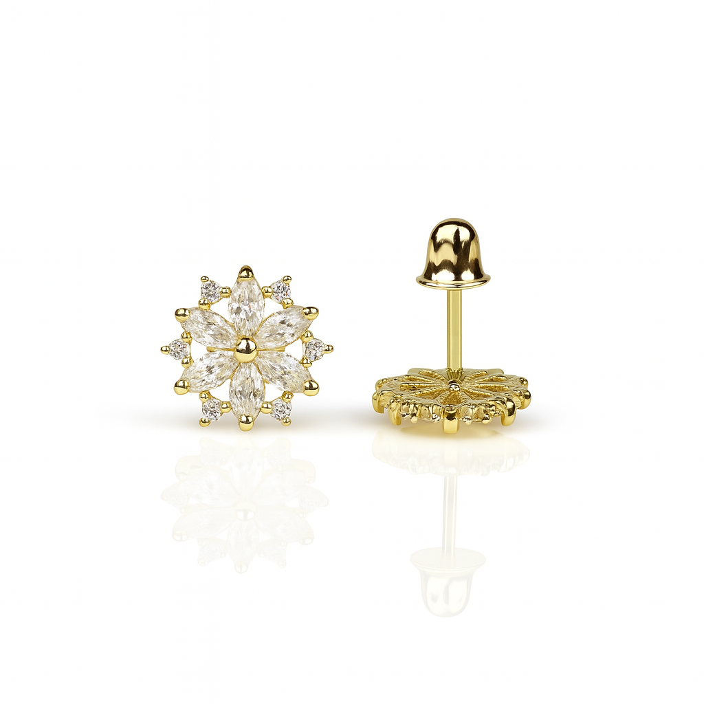 14K  Yellow Gold Beautiful CZ Flower Stud Earrings for Women