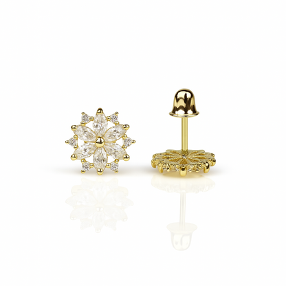 14K  Yellow Gold Beautiful CZ Flower Stud Earrings for Women