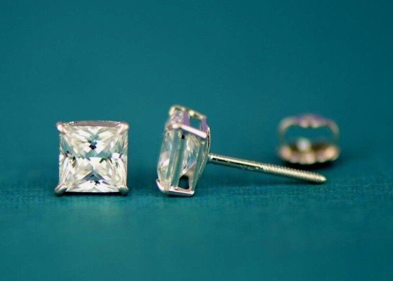 14k Heavy Basket White Gold Square AAA Quality CZ Stud Earrings with Screw Back