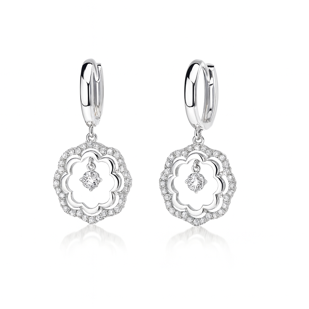 14k Yellow / White Gold Dangle CZ Flower Huggie Earrings