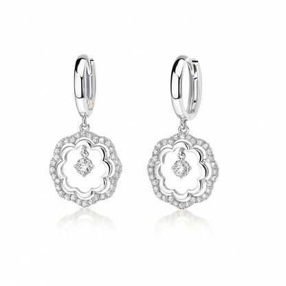 14k Yellow / White Gold Dangle CZ Flower Huggie Earrings