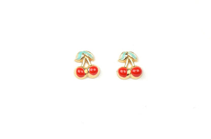 14k Yellow Gold Red and Green Enamel Cherry Baby Earrings, Screw Back