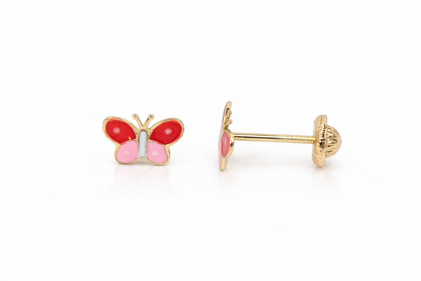 14k Yellow Gold Enamel Butterfly Baby earrings, Screw Back