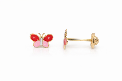 14k Yellow Gold Enamel Butterfly Baby earrings, Screw Back