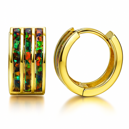 14k Yellow Gold Triple Row Black Opal Huggie Hoop Earrings