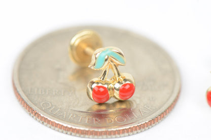 14k Yellow Gold Red and Green Enamel Cherry Baby Earrings, Screw Back