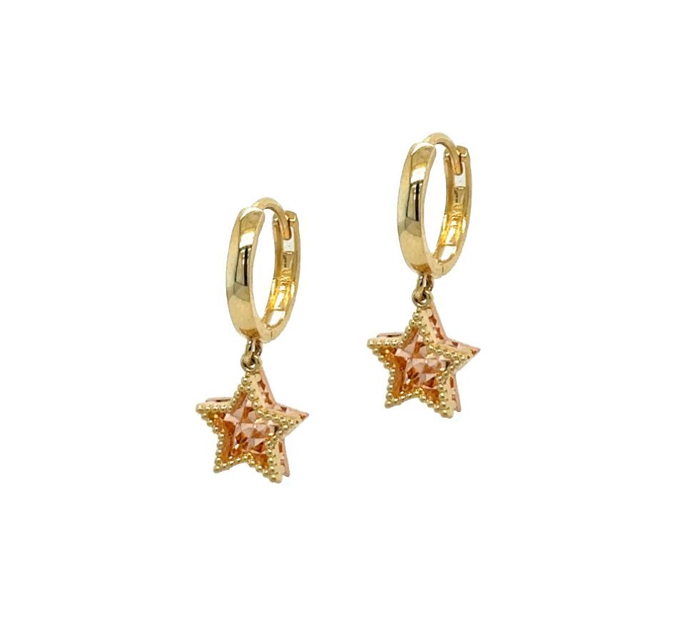14k Yellow and Rose Gold Dangle Star Hoop Huggie Earrings