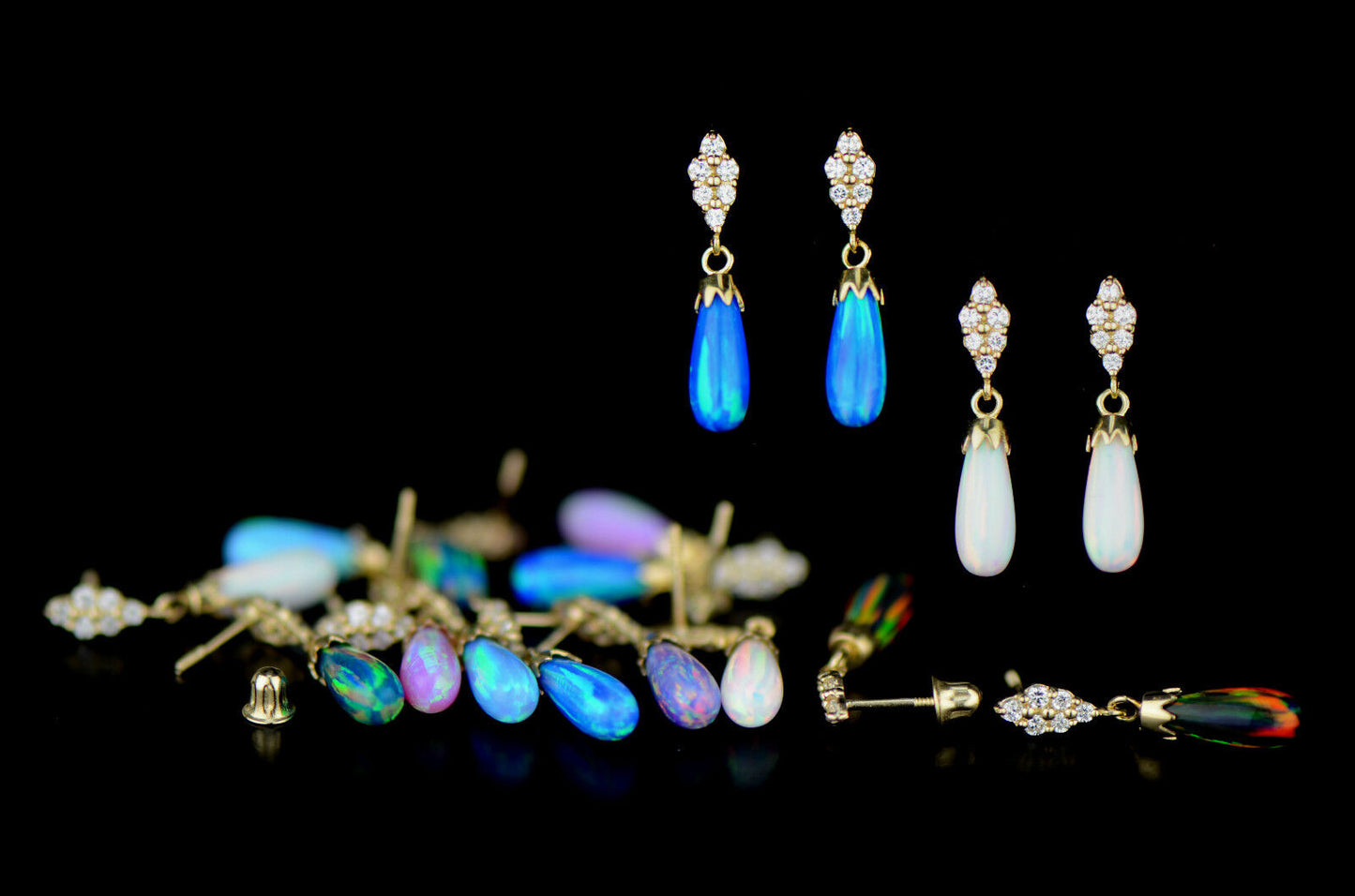 14k-Yellow Gold  Dangle Opal Cz Stud Earrings / Screw Back