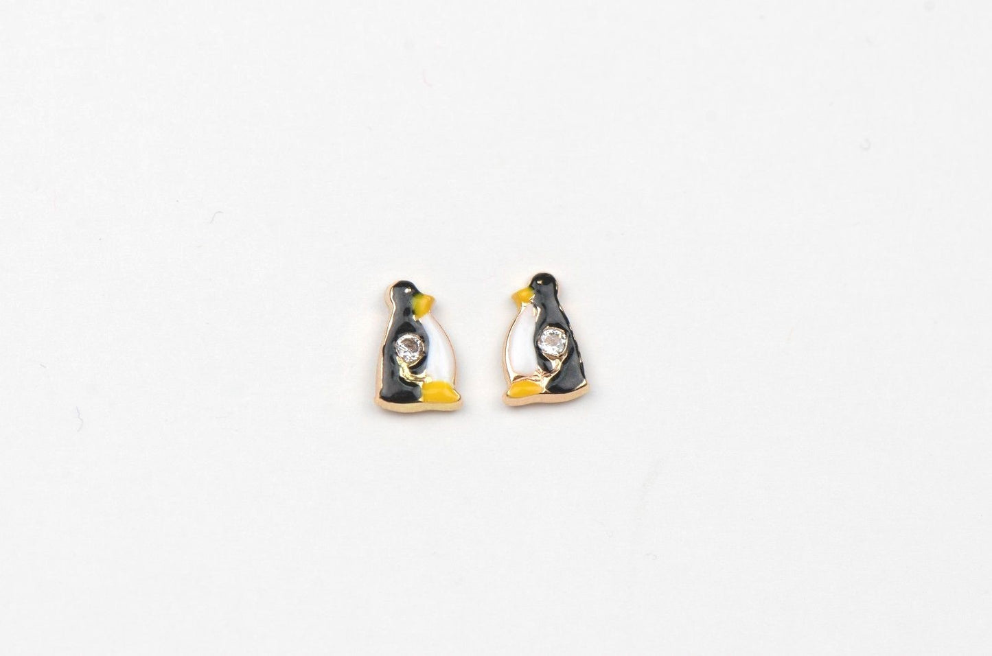 14k Yellow Gold Beautiful Enamel and CZ Penguin Baby Earrings, Screw Back