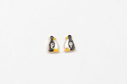 14k Yellow Gold Beautiful Enamel and CZ Penguin Baby Earrings, Screw Back