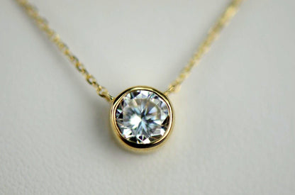 1ct Round Solitaire Pendant Necklace Bezel Set Chain 14K White or Yellow Gold