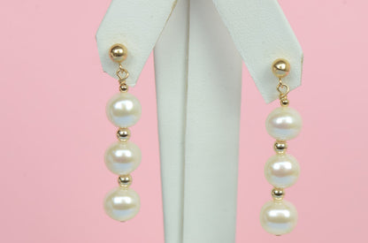 14K Yellow Gold Natural White genuine Pearl Necklace, Bracelet, Earrings Set