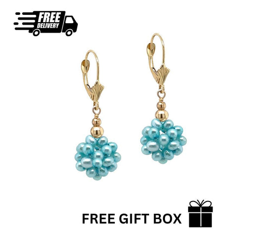 14k Yellow Gold Dangle Freshwater Pearl Cluster Leverback Earrings