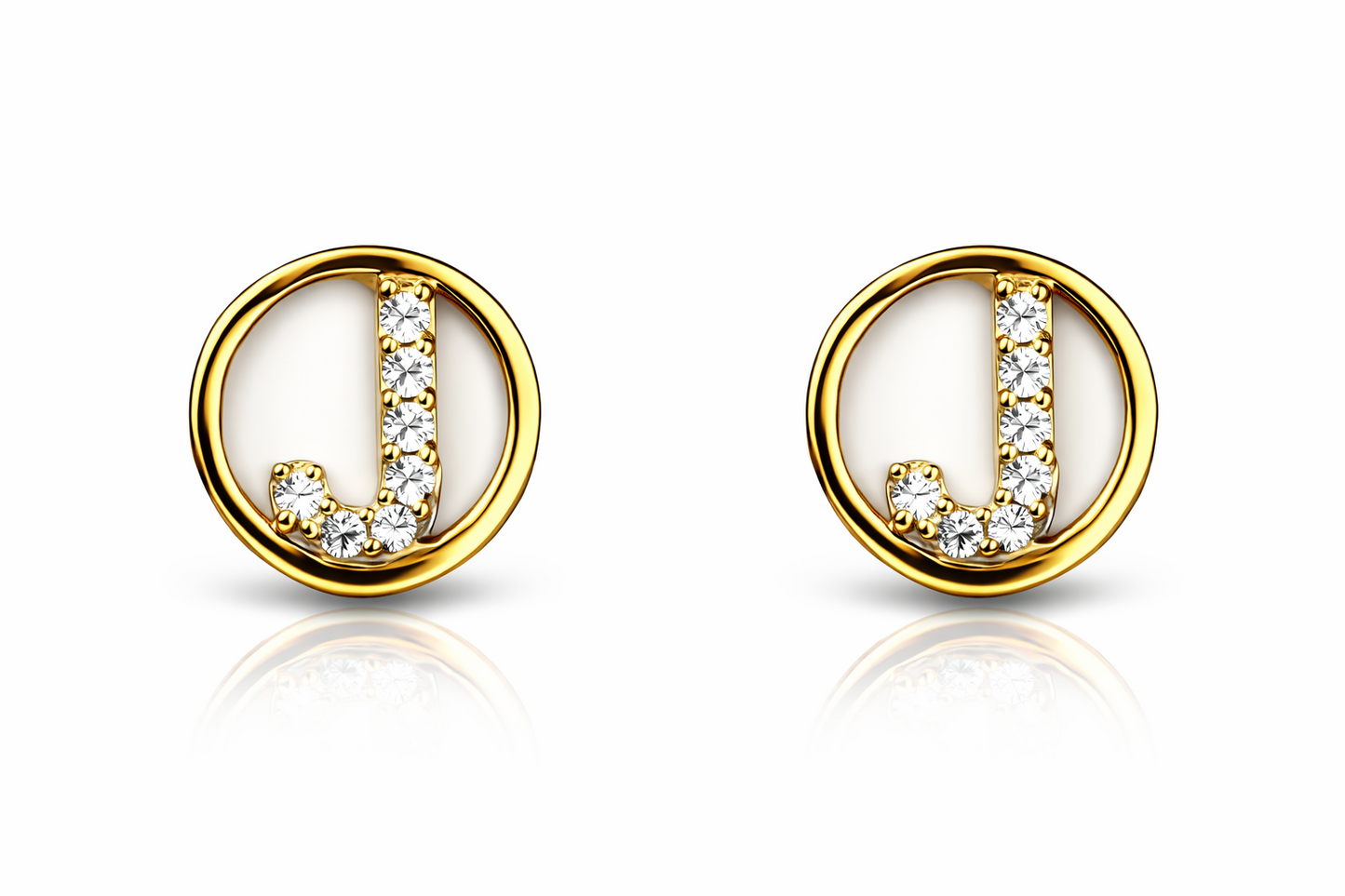 14k Yellow or White Gold Round Initial Letters CZ Stud Earrings