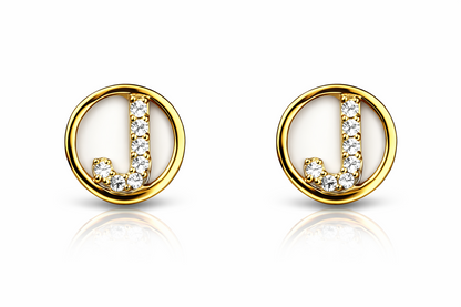 14k Yellow or White Gold Round Initial Letters CZ Stud Earrings