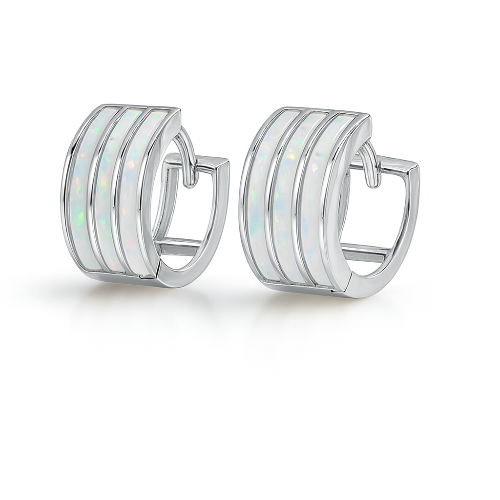 14k White Gold Triple Row White Opal Huggie Hoop Earrings