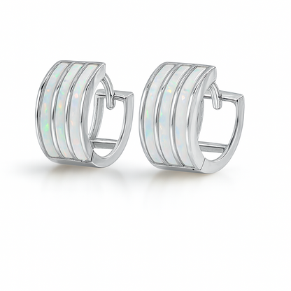 14k White Gold Triple Row White Opal Huggie Hoop Earrings