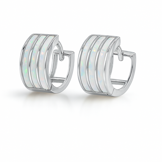 14k White Gold Triple Row White Opal Huggie Hoop Earrings
