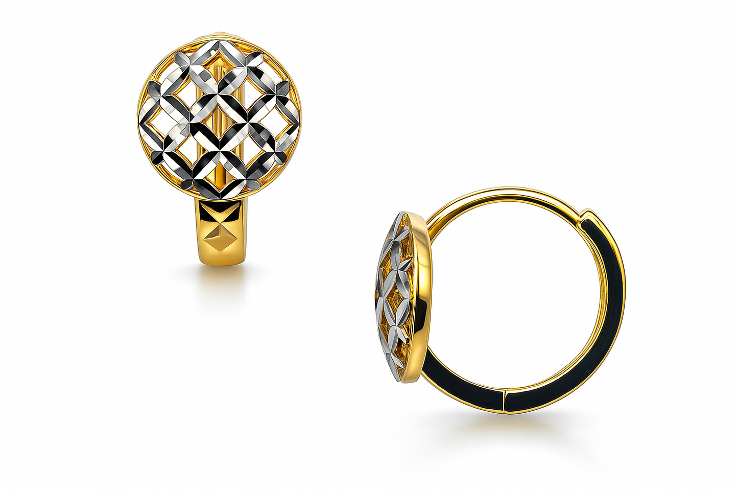 14k Two Tone Diamond Cut Gold Round Shape Huggie Earrings