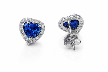 14k Solid White Gold Halo Heart Stud Earrings