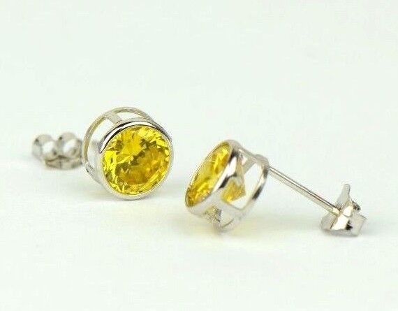 14K Round Bezel Set White Gold Birthstone Earrings