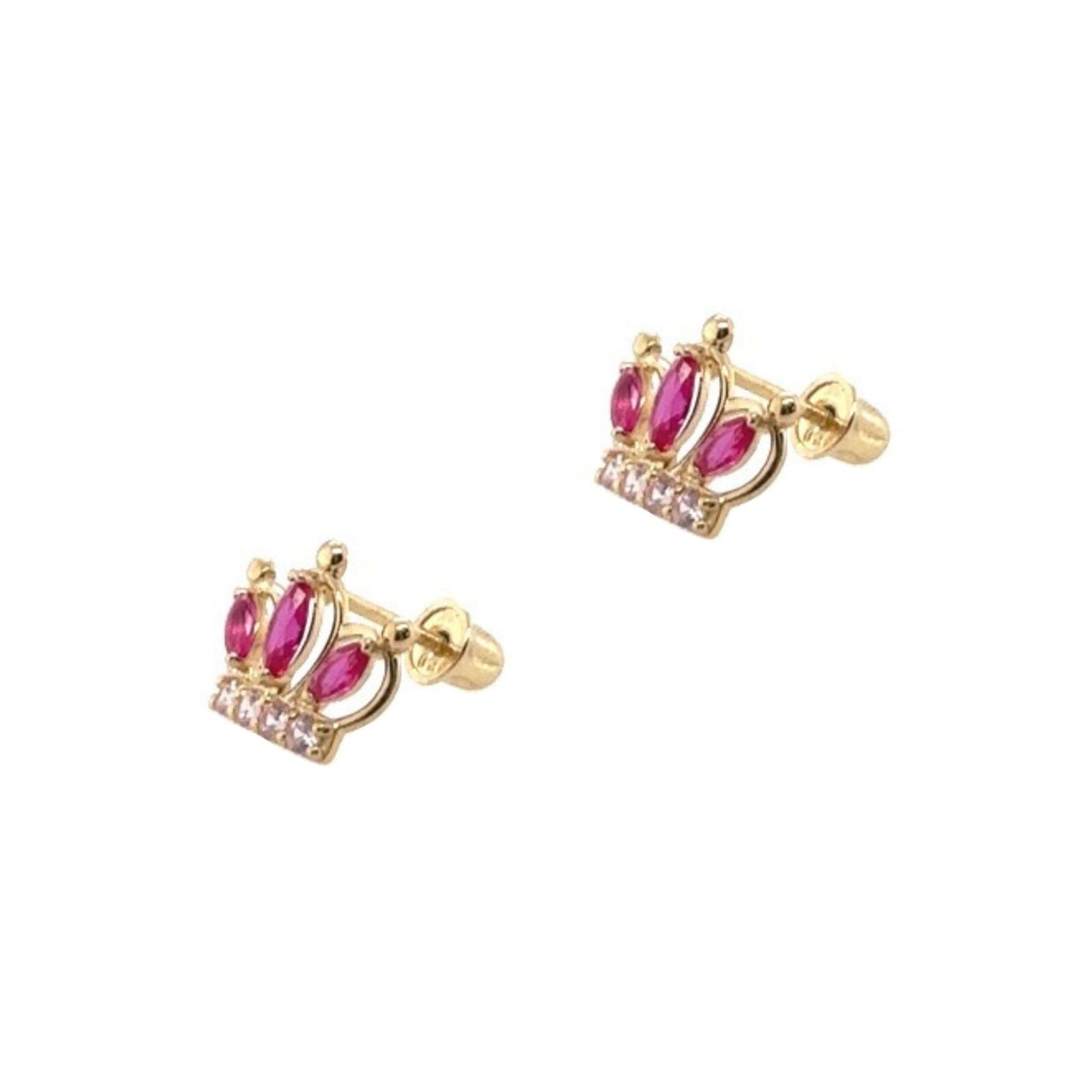 14K Solid Yellow Gold Crown Screw Back CZ Stud Earrings