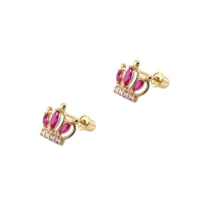 14K Solid Yellow Gold Crown Screw Back CZ Stud Earrings