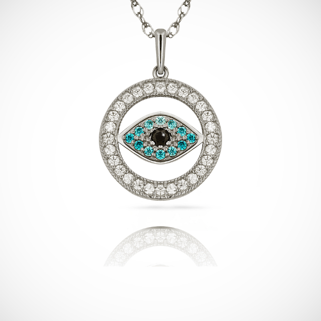 14k Yellow Gold & White Gold CZ Round Evil Eye Pendant For Women