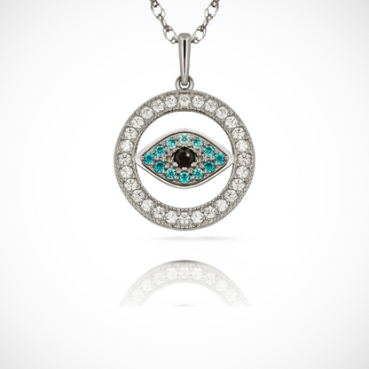 14k Yellow Gold & White Gold CZ Round Evil Eye Pendant For Women