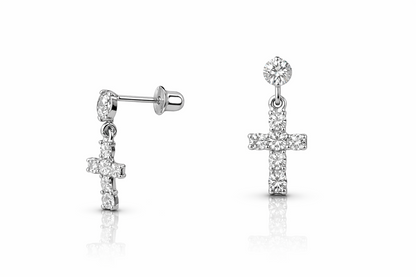 14K Yellow White Gold Cubic Zirconia CZ Cross Dangle Earrings