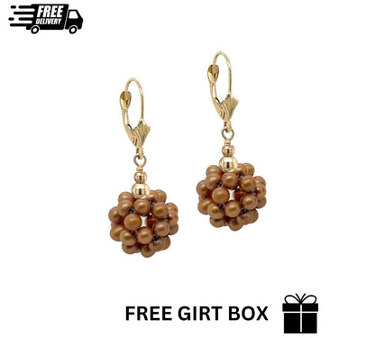 14k Yellow Gold Dangle Freshwater Pearl Cluster Leverback Earrings