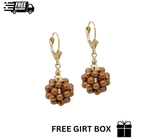 14k Yellow Gold Dangle Freshwater Pearl Cluster Leverback Earrings