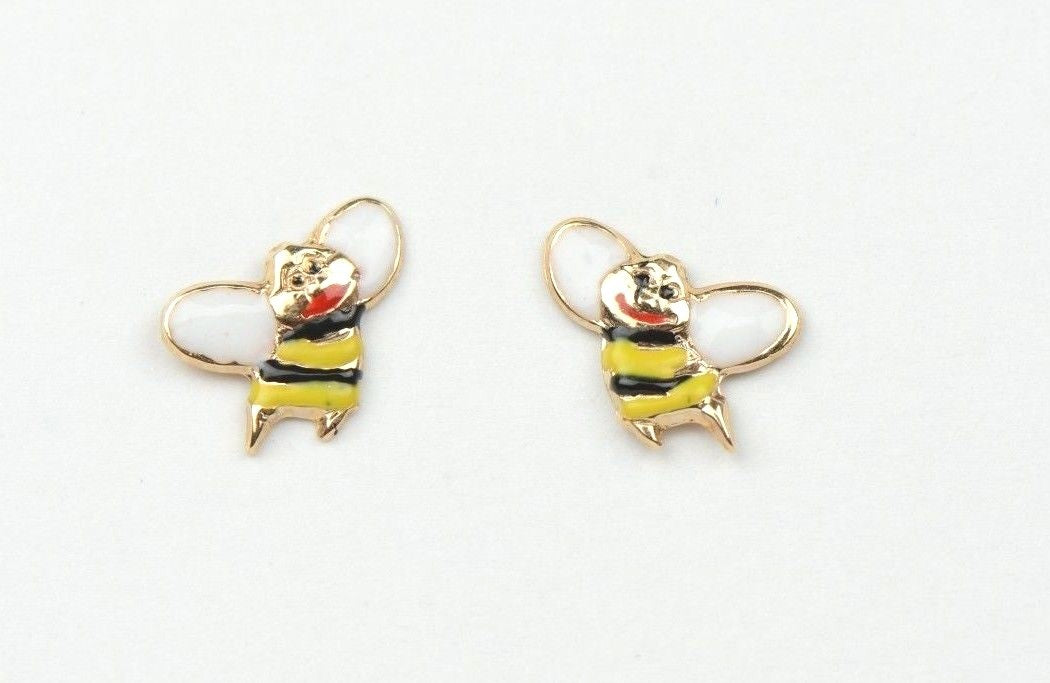 14k Yellow Gold Baby Beautiful Enamel Bee earrings with Screw Back