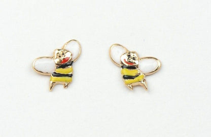 14k Yellow Gold Baby Beautiful Enamel Bee earrings with Screw Back