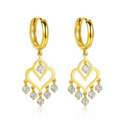 14k Yellow Gold Heart Dangle Hoop Huggie CZ Earrings