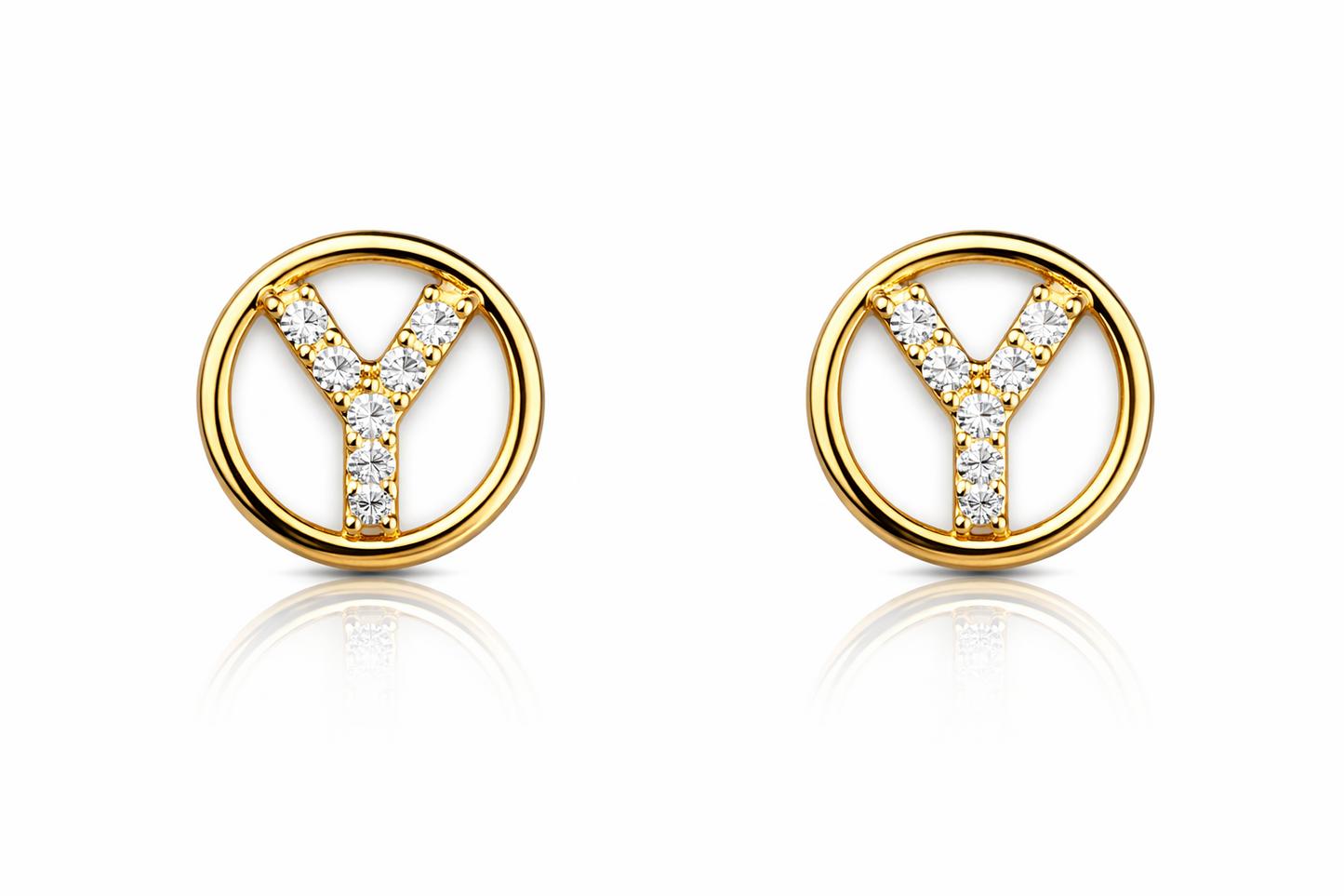 14k Yellow or White Gold Round Initial Letters CZ Stud Earrings