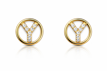 14k Yellow or White Gold Round Initial Letters CZ Stud Earrings